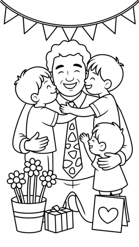 father and kids coloring page